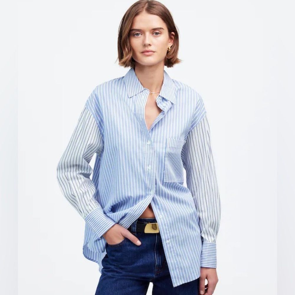 Madewell NWT Oversized Button-Up Shirt Size XXS in Mixed Stripes Navy & Lt Blue
